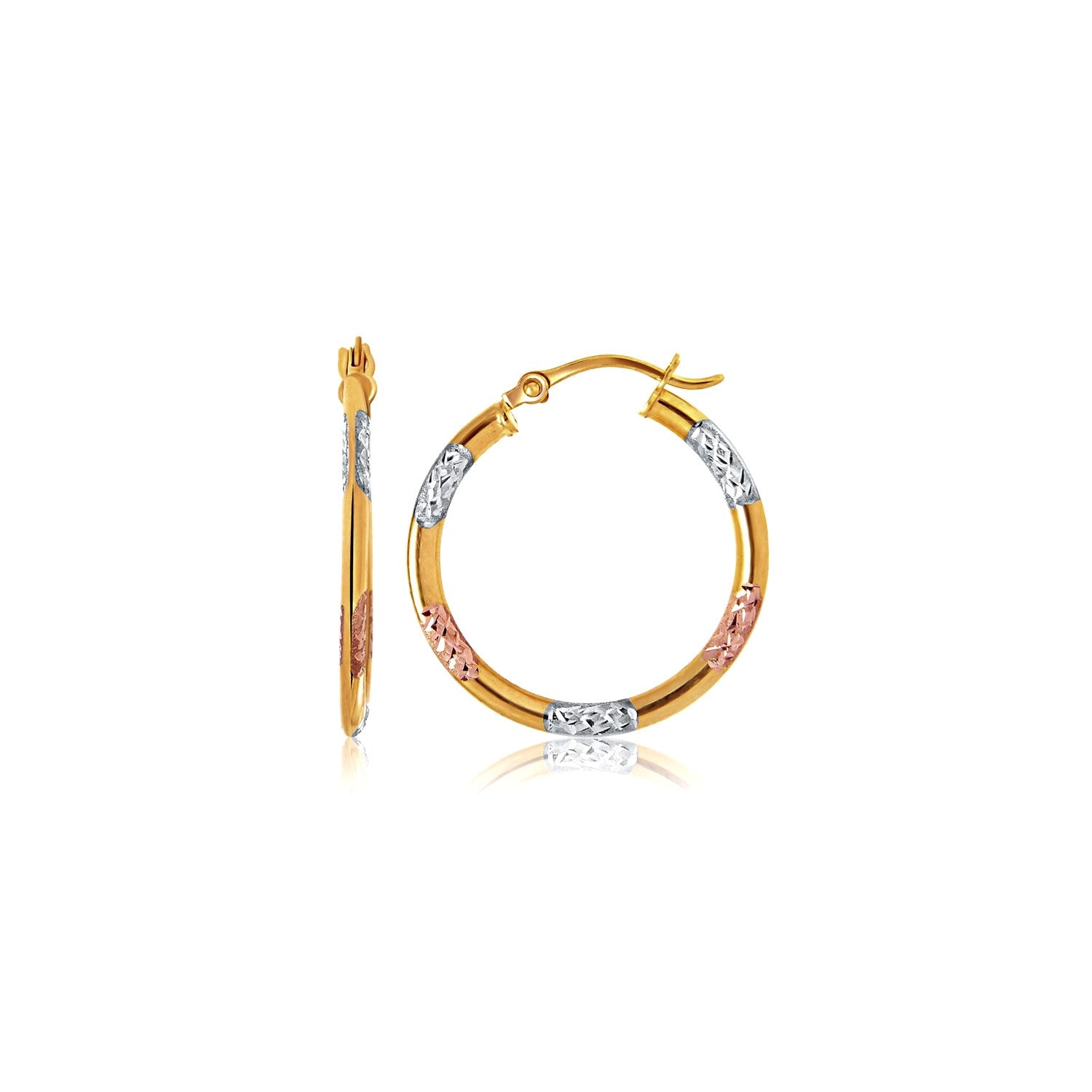 10k Tri-Color Gold Classic Hoop Earrings with Diamond Cut Details-0