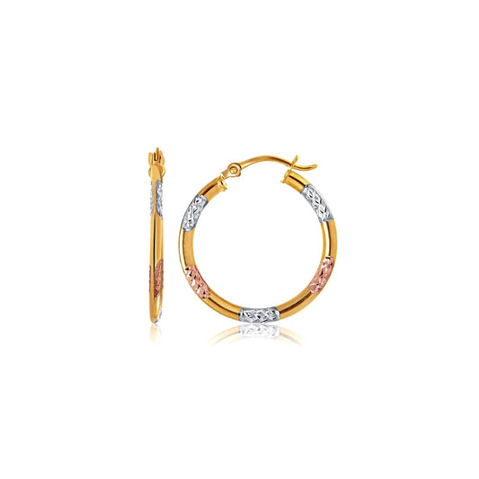 10k Tri-Color Gold Classic Hoop Earrings with Diamond Cut Details-0