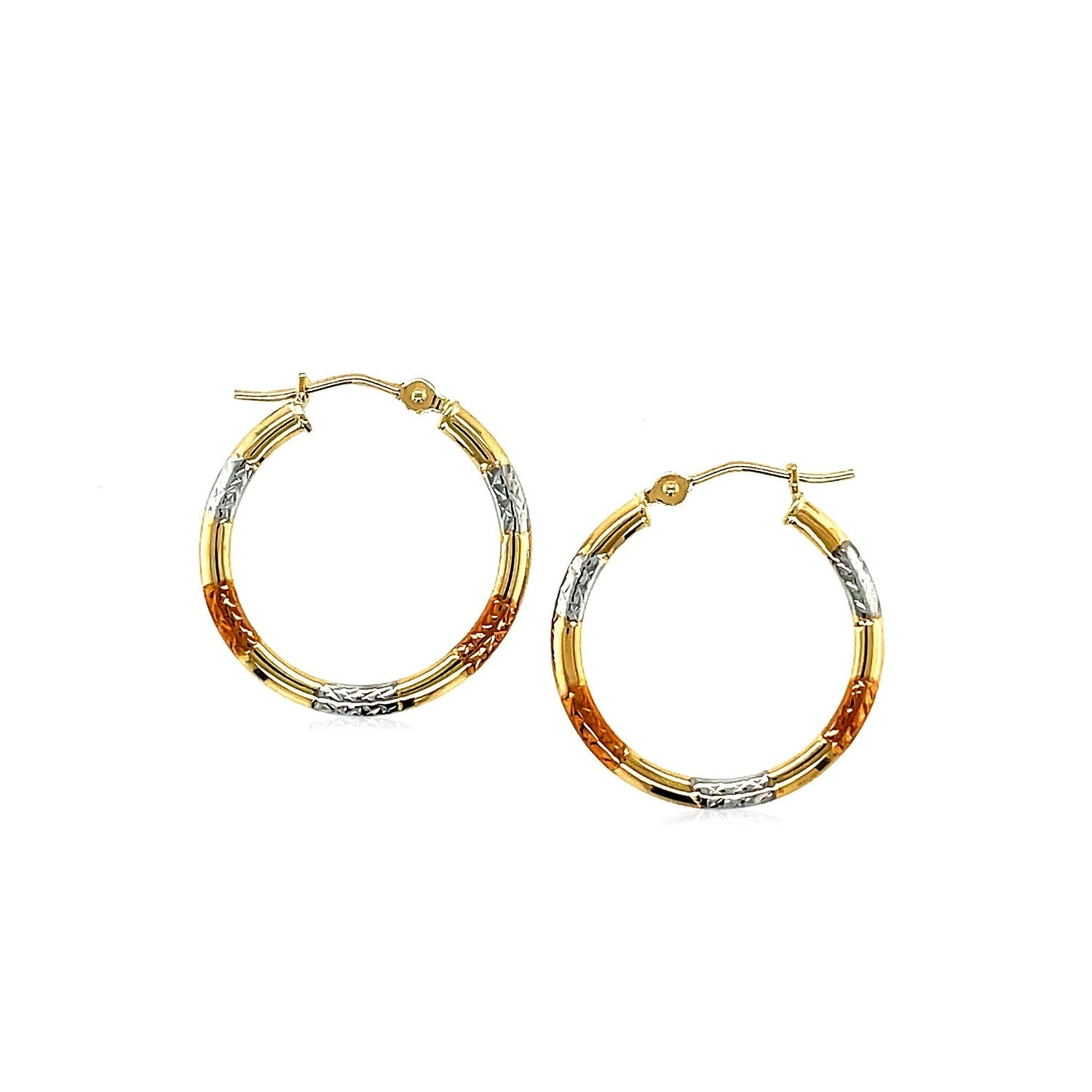 10k Tri-Color Gold Classic Hoop Earrings with Diamond Cut Details-1