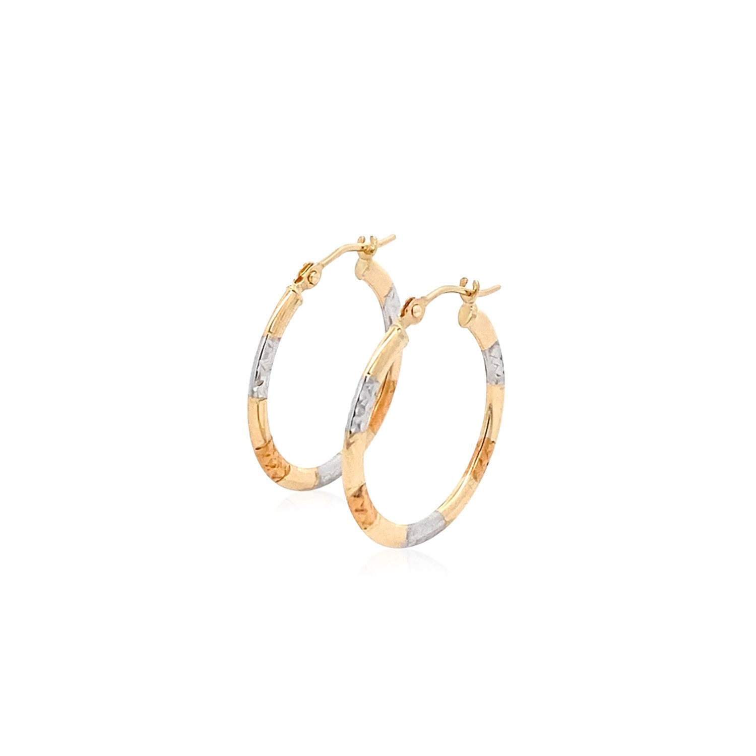 10k Tri-Color Gold Classic Hoop Earrings with Diamond Cut Details-2