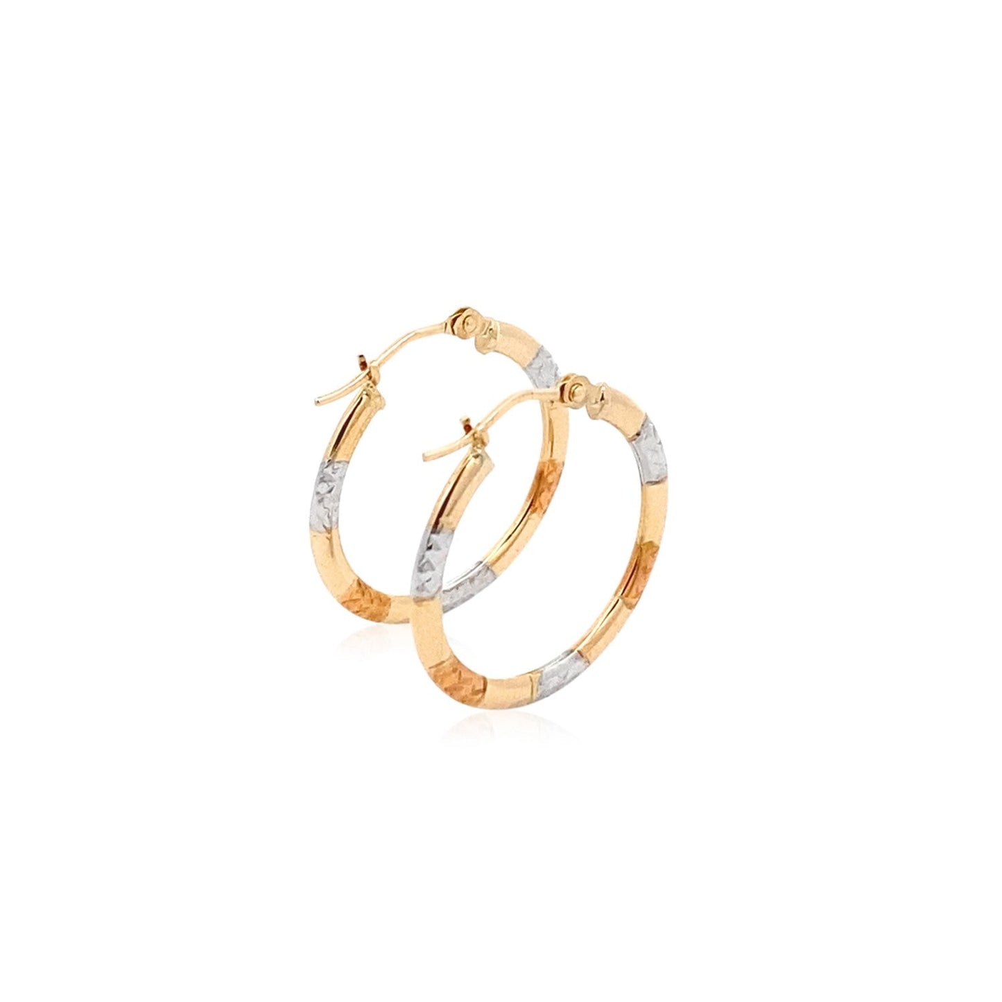 10k Tri-Color Gold Classic Hoop Earrings with Diamond Cut Details-3