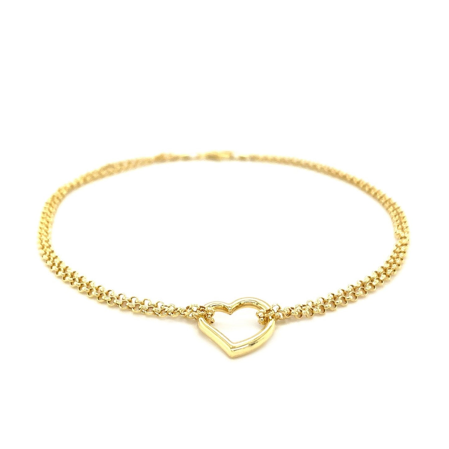 10k Yellow Gold Double Rolo Chain Anklet with an Open Heart Station-1