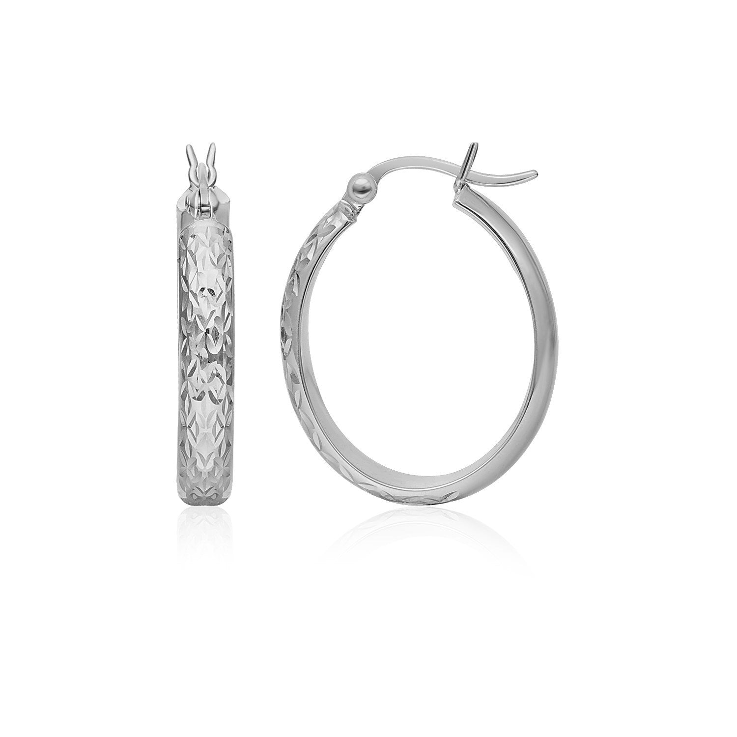 10k White Gold Hammered Oval Hoop Earrings-0