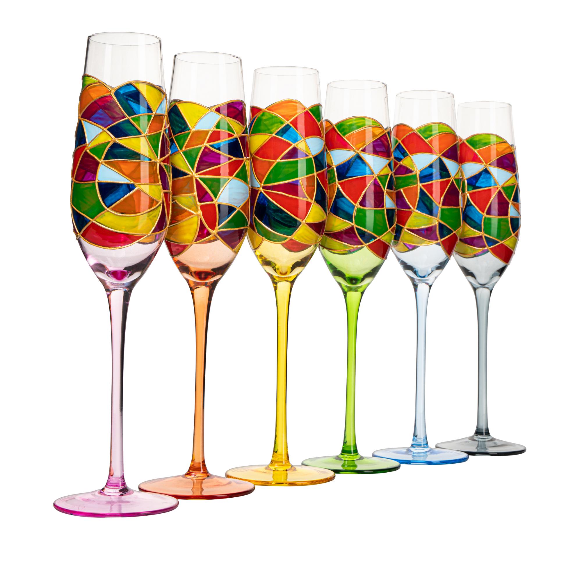 Stained Glass Champagne Flutes Set of 6 Hand Painted - Wine Savant - Hand Blown 7 Ounce Colorful Renaissance Champagne Glasses - 10.2" Tall, 2.7" Diameter Rainbow Multicolor Design Glassware-0