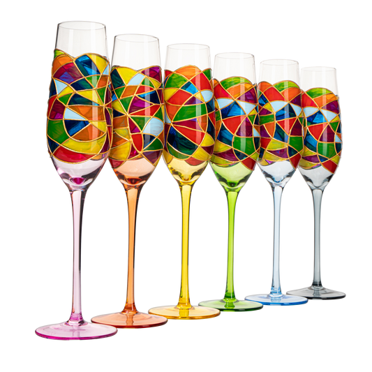 Stained Glass Champagne Flutes Set of 6 Hand Painted - Wine Savant - Hand Blown 7 Ounce Colorful Renaissance Champagne Glasses - 10.2" Tall, 2.7" Diameter Rainbow Multicolor Design Glassware-0