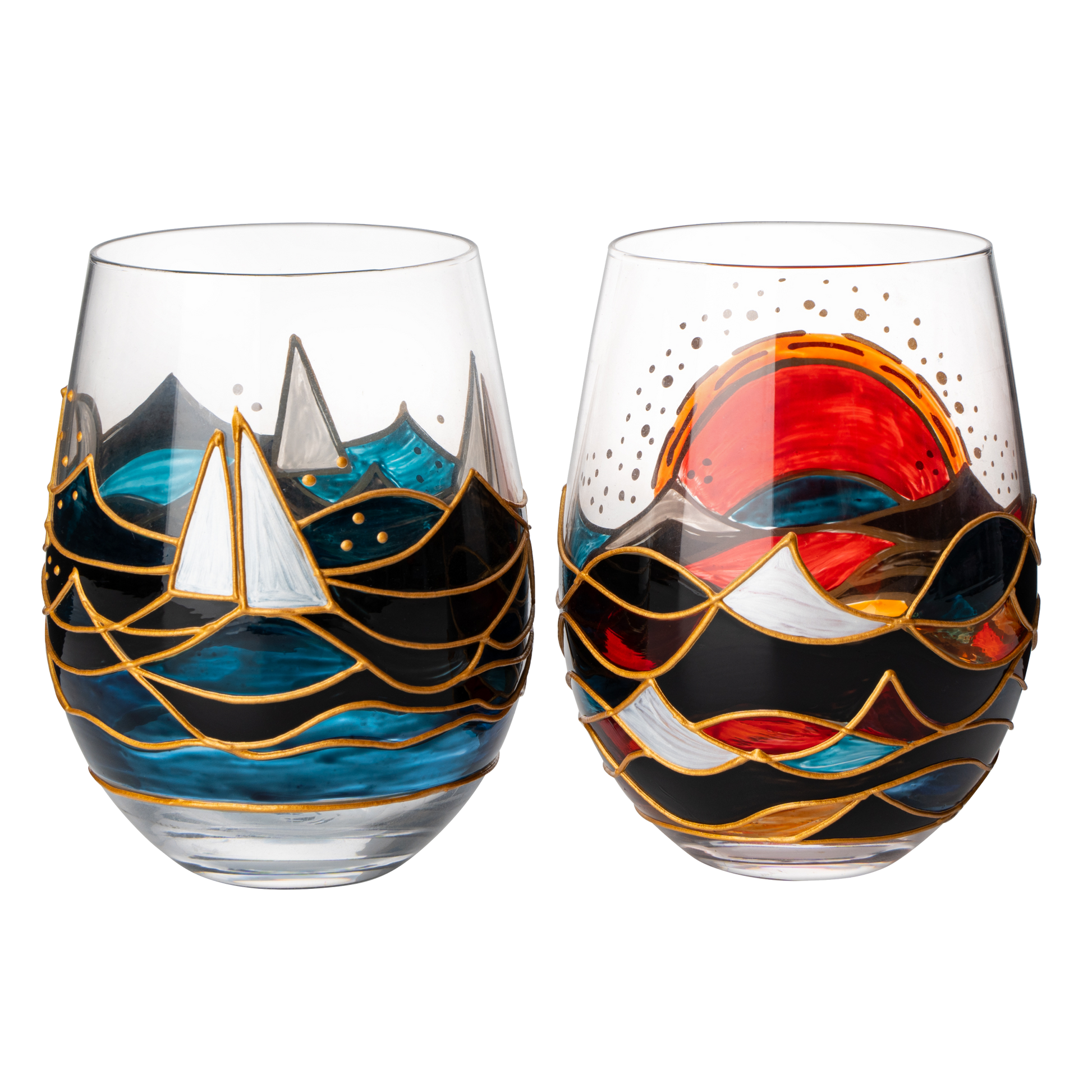 Artisanal Hand Painted Sunrise Glasses, Stemless Set of 2 Wine, Water & Whiskey Glasses - The Wine Savant - Crystal Tumblers - Gift Idea for Her, Him, Birthday, Housewarming - Large Goblets (18.5 OZ)-0