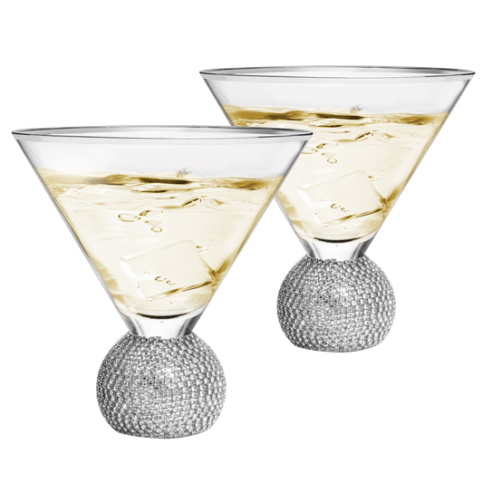 Diamond Studded Martini Glasses Set of 2 - The Wine Savant - Silver Rimmed Modern Cocktail Glass, Rhinestone Diamonds With Stemless Crystal Ball Base, Bar or Party 10.5oz, Swarovski Style Crystals-0