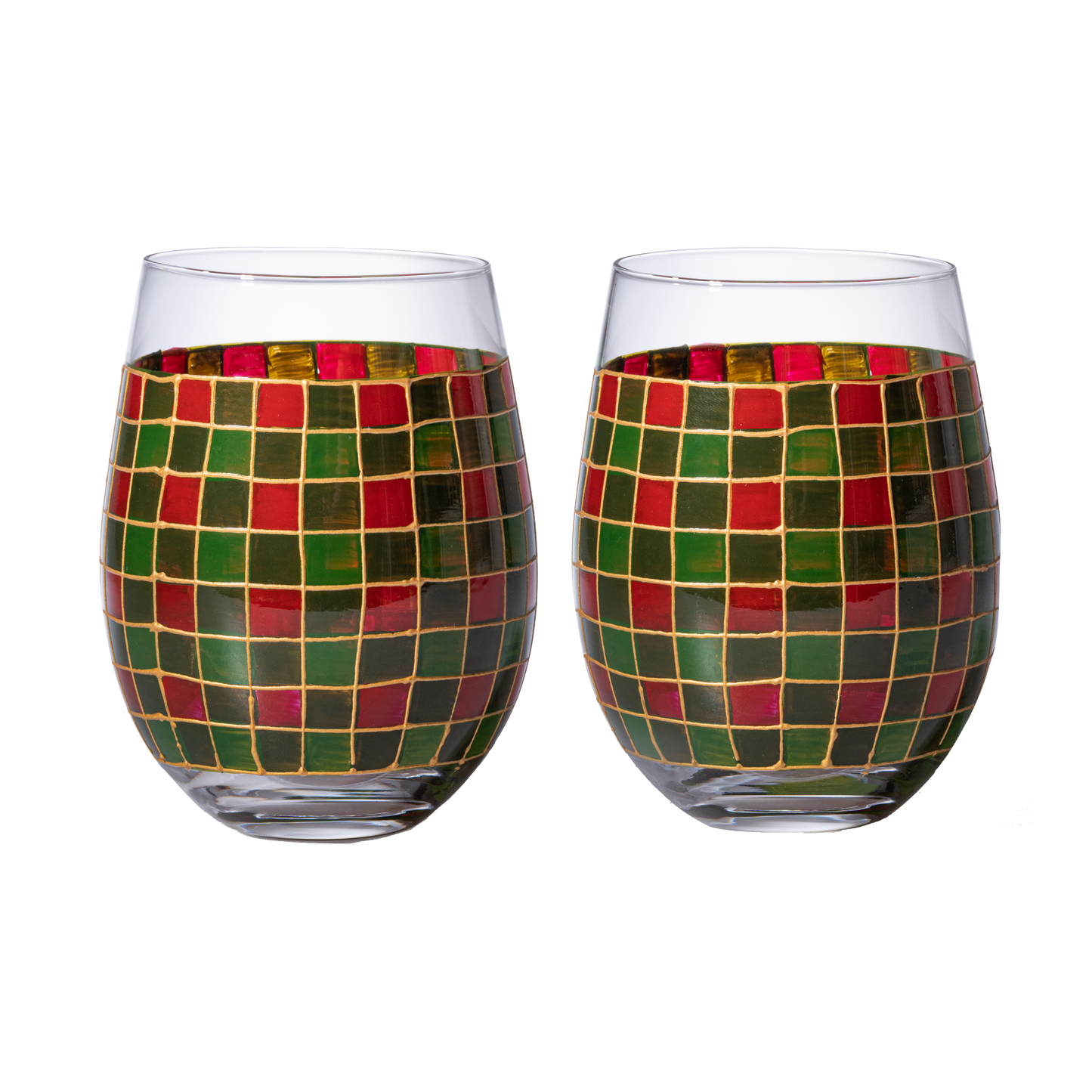 The Wine Savant Crystal New Years Artisanal Hand Painted Stemless Glasses Set of 2 - Rennesance Romantic Stain-glassed Windows - Festive Holiday Perfect for Holidays Parties, Gifts for Him & Her-0