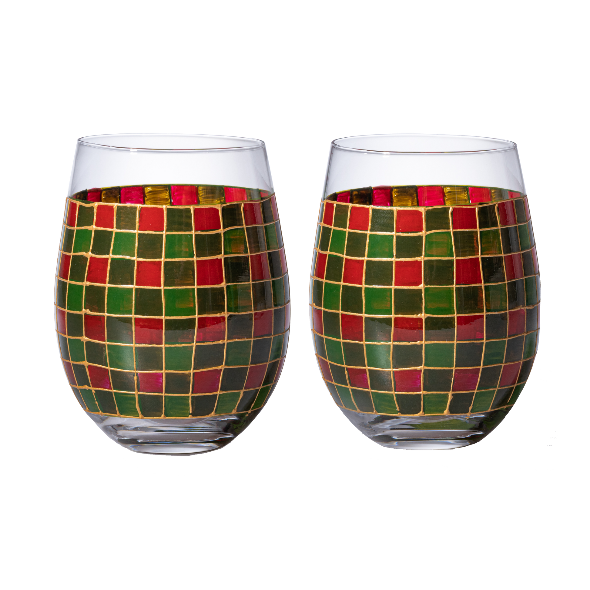 The Wine Savant Crystal New Years Artisanal Hand Painted Stemless Glasses Set of 2 - Rennesance Romantic Stain-glassed Windows - Festive Holiday Perfect for Holidays Parties, Gifts for Him & Her-0