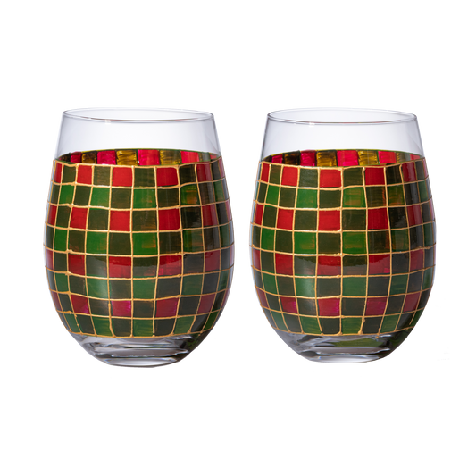 The Wine Savant Crystal New Years Artisanal Hand Painted Stemless Glasses Set of 2 - Rennesance Romantic Stain-glassed Windows - Festive Holiday Perfect for Holidays Parties, Gifts for Him & Her-0