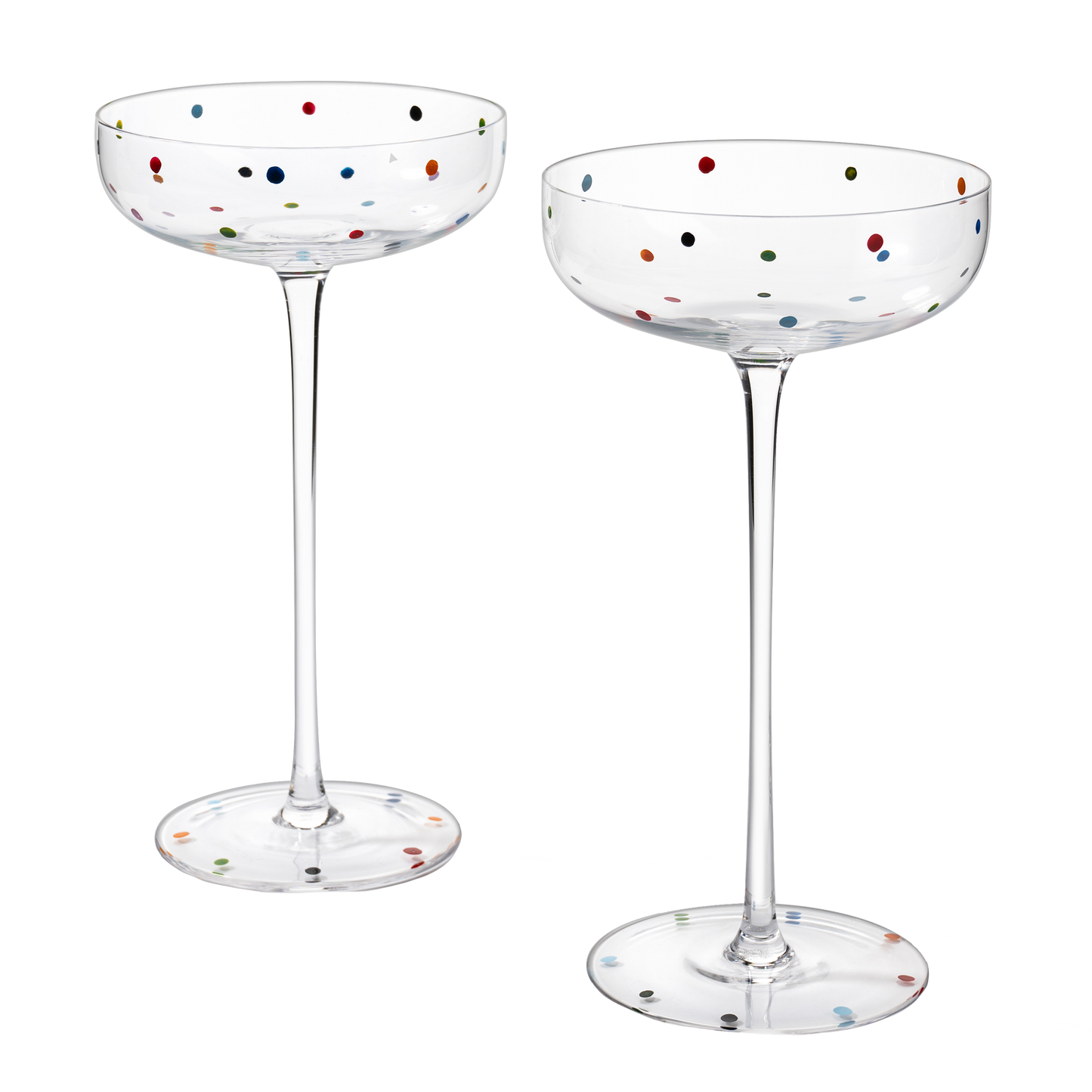 Polka Dot Champagne Coupe Glasses Set of 2 8.8 oz by The Wine Savant - Polka Dot Rainbow Colored Glasses, Cocktail Glassware, Polka Dot Gifts Damien Hirst, Gift Idea For Everyday, Weddings, Parties-0