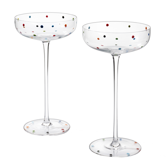 Polka Dot Champagne Coupe Glasses Set of 2 8.8 oz by The Wine Savant - Polka Dot Rainbow Colored Glasses, Cocktail Glassware, Polka Dot Gifts Damien Hirst, Gift Idea For Everyday, Weddings, Parties-0