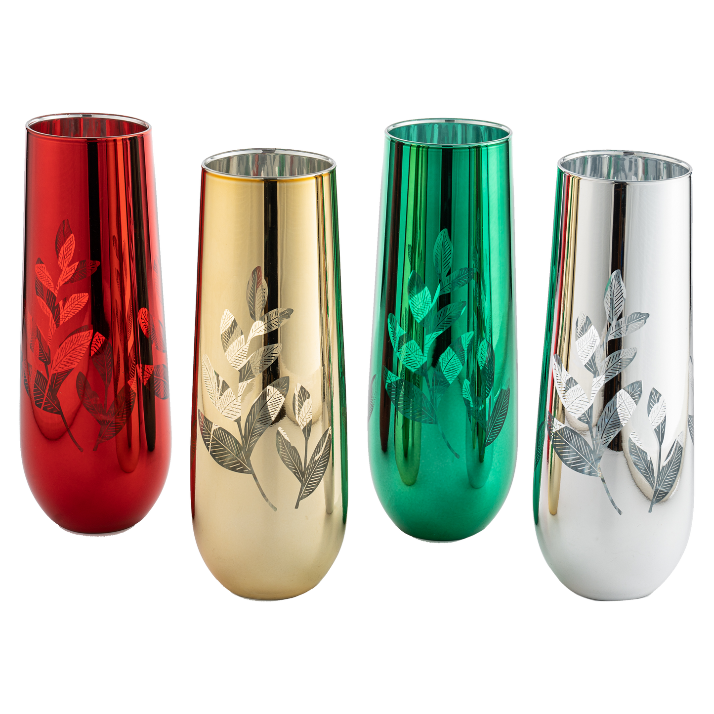 Multicolor 4-Piece Tree Stemless Wine & Water Glasses - Shining Red Green Yellow Silver, Perfect for Parties, Glass Trees Decor, Kitchen Home Decorations (Flutes)-0