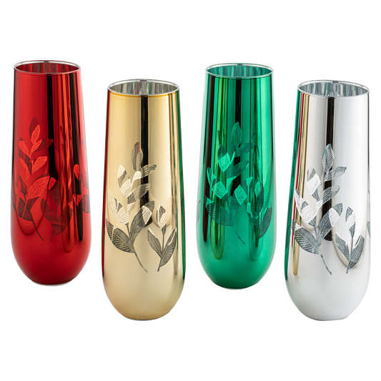 Multicolor 4-Piece Tree Stemless Wine & Water Glasses - Shining Red Green Yellow Silver, Perfect for Parties, Glass Trees Decor, Kitchen Home Decorations (Flutes)-0