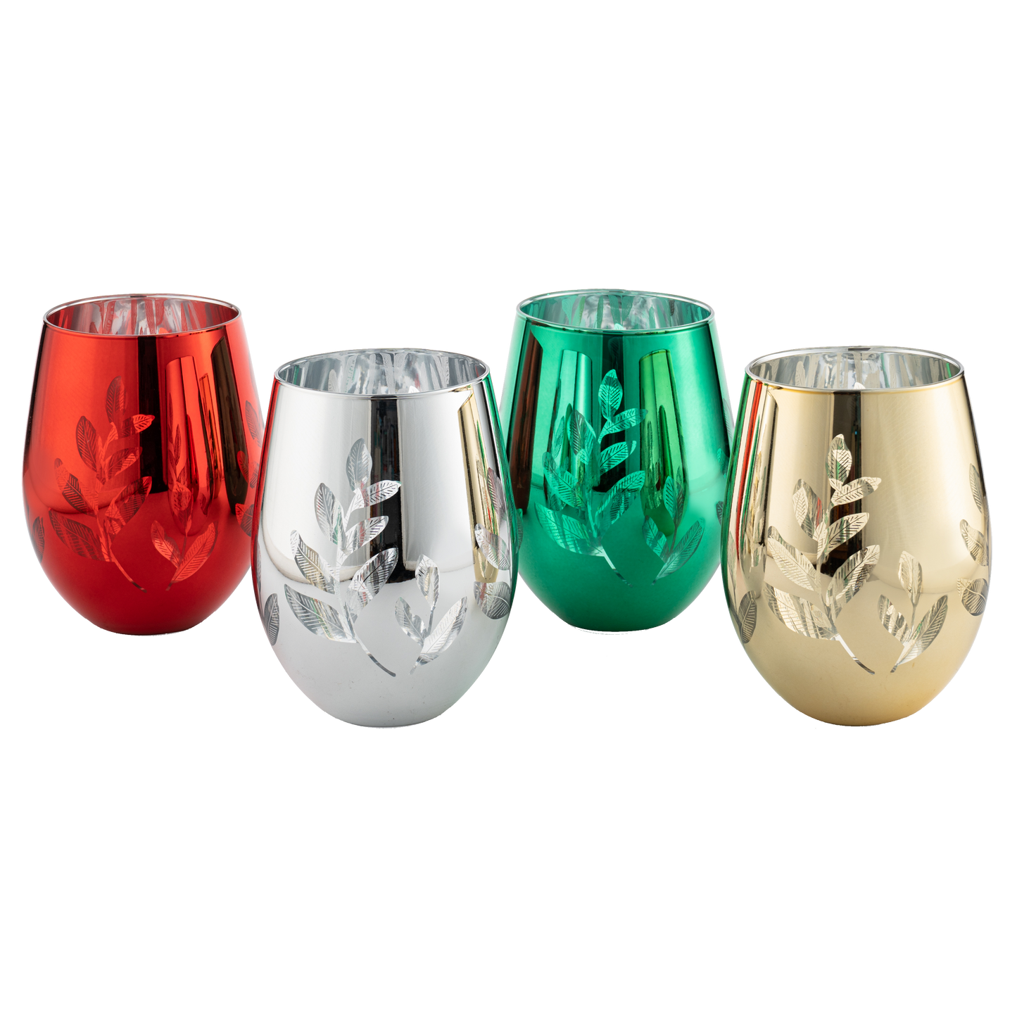 Multicolor 4-Piece Tree Stemless Wine & Water Glasses - Shining Red Green Yellow Silver, Housewarming Gift For Her, Him Party Décor, Colored Glass Trees Décor, Kitchen Home Decoration (Stemless)-0