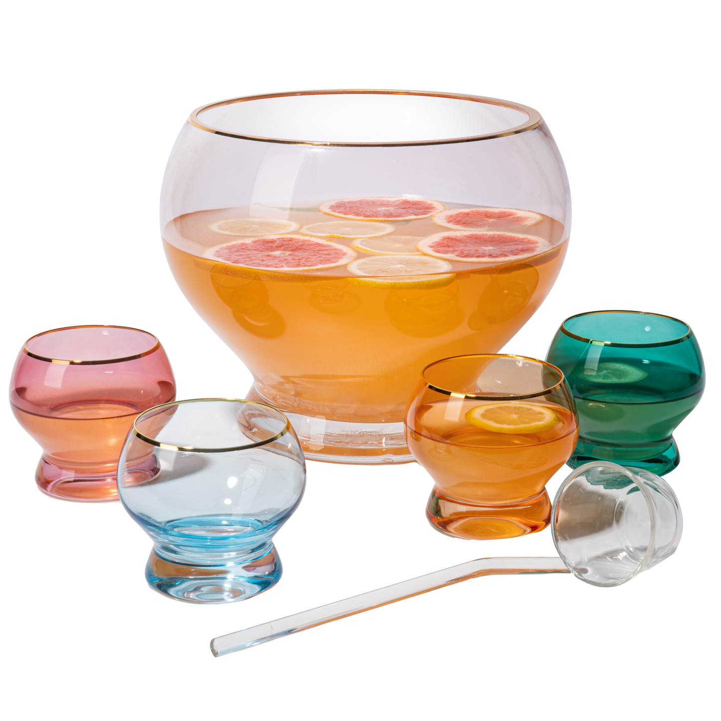 Colorful 1.7 Gallon Punch Bowl with 4 10oz Glasses Set with Ladle Gift For Mothers Day, Her, Wife, Mom, Friend - Colored Set Margarita, Cocktails, Juice, Punch Drink bowl for Parties, Weddings-0