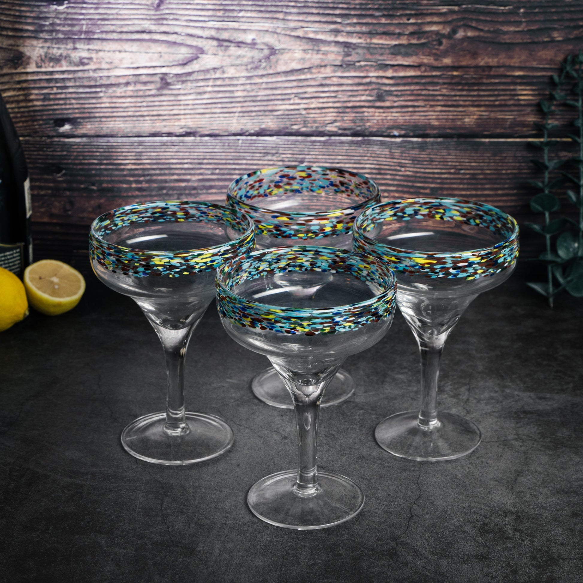 The Wine Savant Mexican Margarita Hand Blown Glass - Set of 4 - Large 16oz, Luxury Margarita Glasses, Mexico Design Large 16oz Confetti Rim Carmen Cinco de Mayo, Dishwasher Safe, Confetti Rock Decor-1