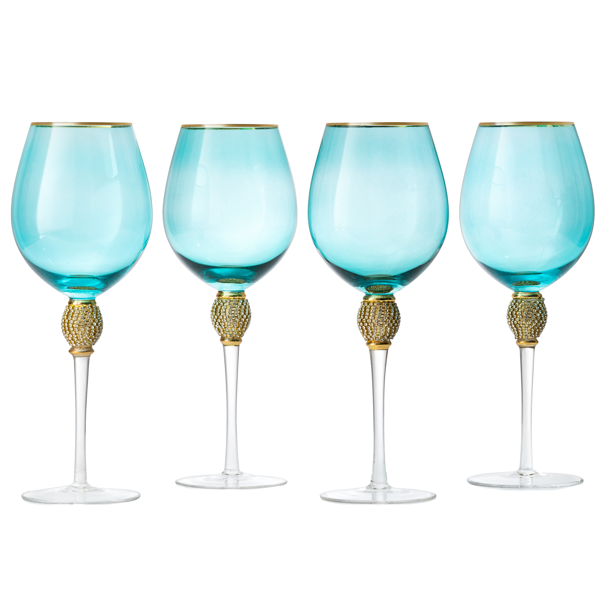 The Wine Savant Large Diamond Wine Glasses, 10" H Gold Rim Rhinestone Diamond Glasses - Wedding Glasses - 18 Ounce, Premium Designed Wine Glasses for Spirits and Wine, Gift Boxed (4, Blue)-0