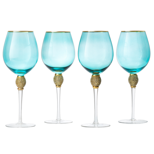 The Wine Savant Large Diamond Wine Glasses, 10" H Gold Rim Rhinestone Diamond Glasses - Wedding Glasses - 18 Ounce, Premium Designed Wine Glasses for Spirits and Wine, Gift Boxed (4, Blue)-0