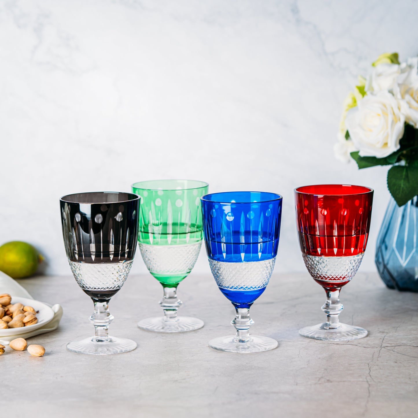 The Wine Savant Crystal Italian Multicolor Design Cups -Set of 4 Short Chalice Glasses 8oz 5.7" H Venetian Italian Style Red, Blue, Green, Black Glasses, Great for Dinner Parties, Bars & Weddings-1