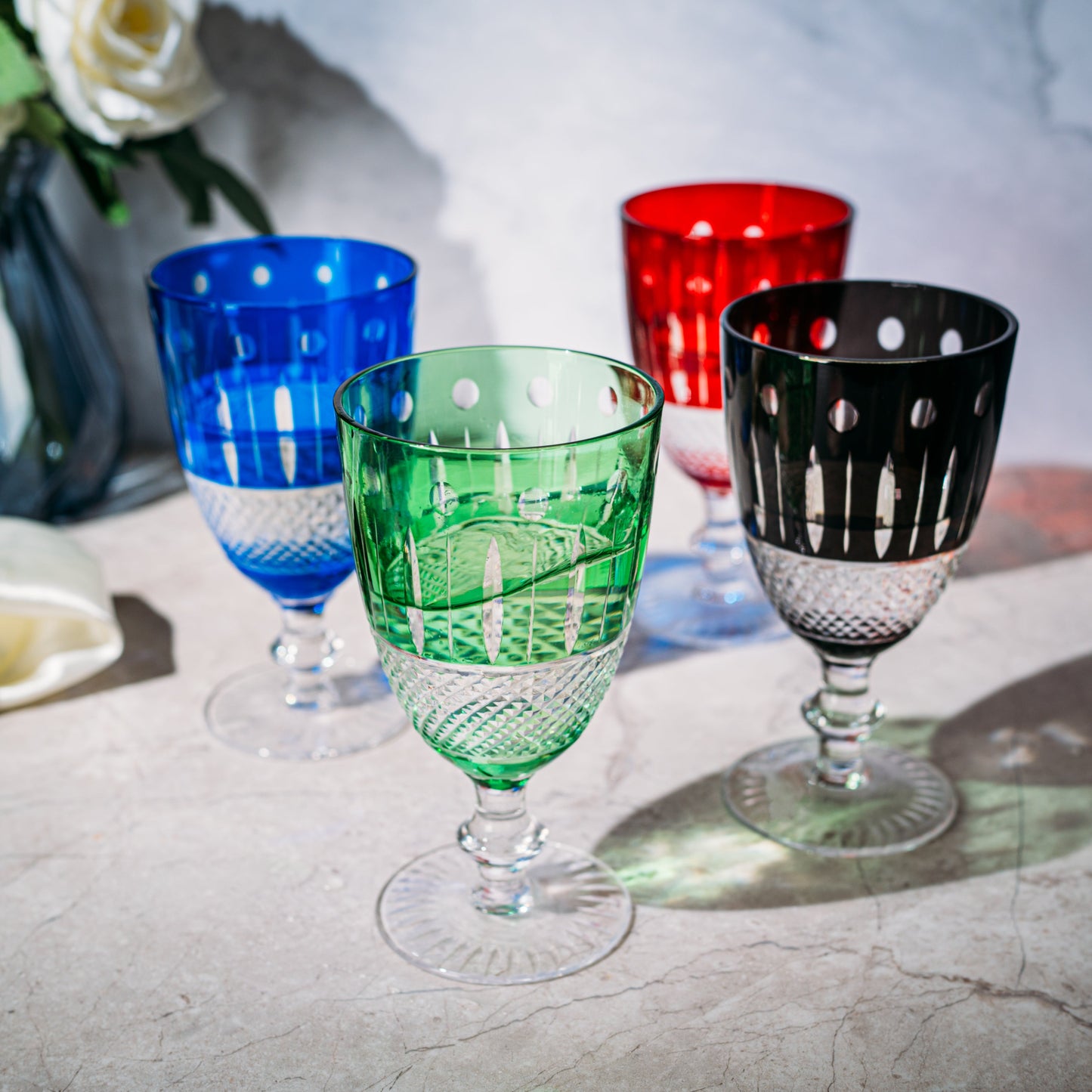 The Wine Savant Crystal Italian Multicolor Design Cups -Set of 4 Short Chalice Glasses 8oz 5.7" H Venetian Italian Style Red, Blue, Green, Black Glasses, Great for Dinner Parties, Bars & Weddings-2