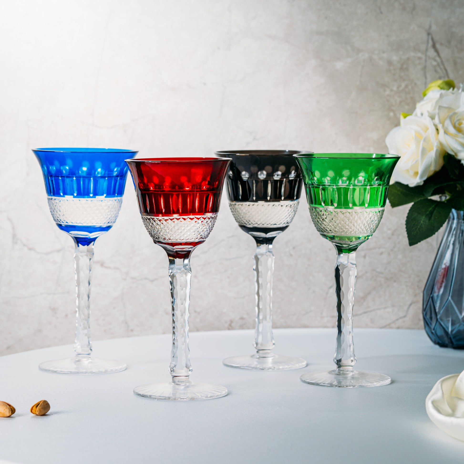 The Wine Savant Crystal Italian Multicolor Design Glasses -Set of 4 Tall Wine Glasses 6.7oz 7.7" H Venetian Italian Style Red, Blue, Green, Brown Glasses, Great for Dinner Parties, Bars & Weddings-1