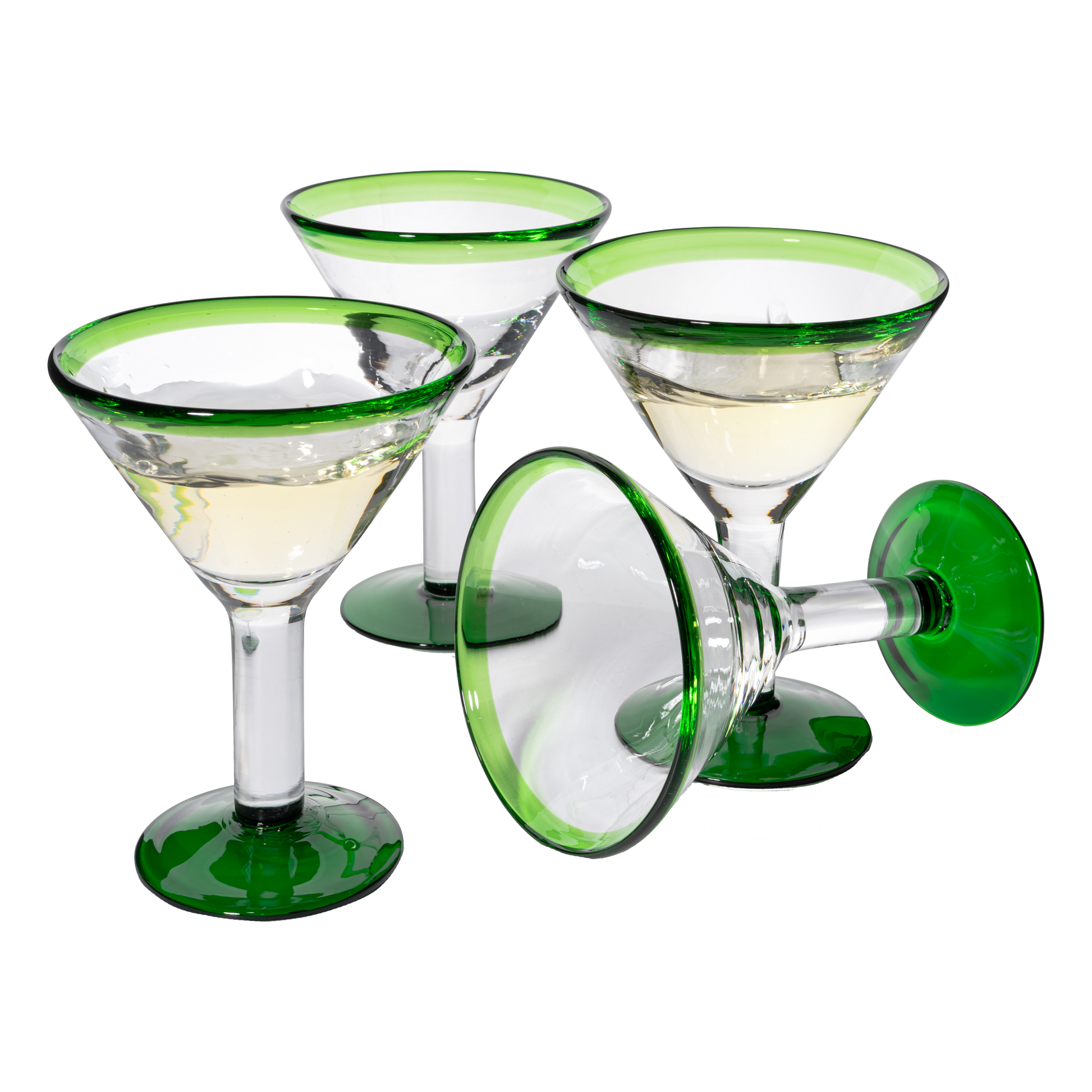 Mexican Hand Blown Martini & Margarita Glasses - Green Rim Detailed - Set of 4-10oz - Carmen Cinco de Mayo - Luxury Mexican Glassware Thick, Juice & Cocktail For Holidays & Celebration Confetti-0