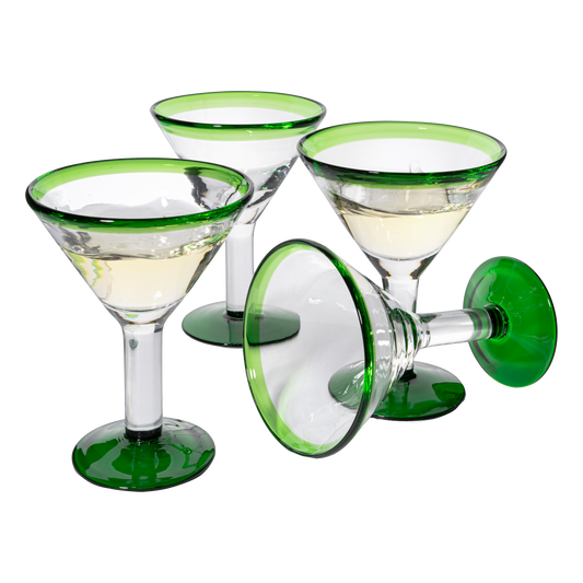 Mexican Hand Blown Martini & Margarita Glasses - Green Rim Detailed - Set of 4-10oz - Carmen Cinco de Mayo - Luxury Mexican Glassware Thick, Juice & Cocktail For Holidays & Celebration Confetti-0