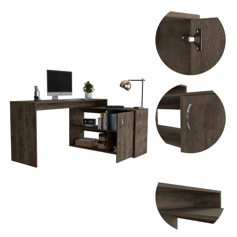 L-Shaped Desk Desti, Single Door Cabinet, Dark Brown Finish-6