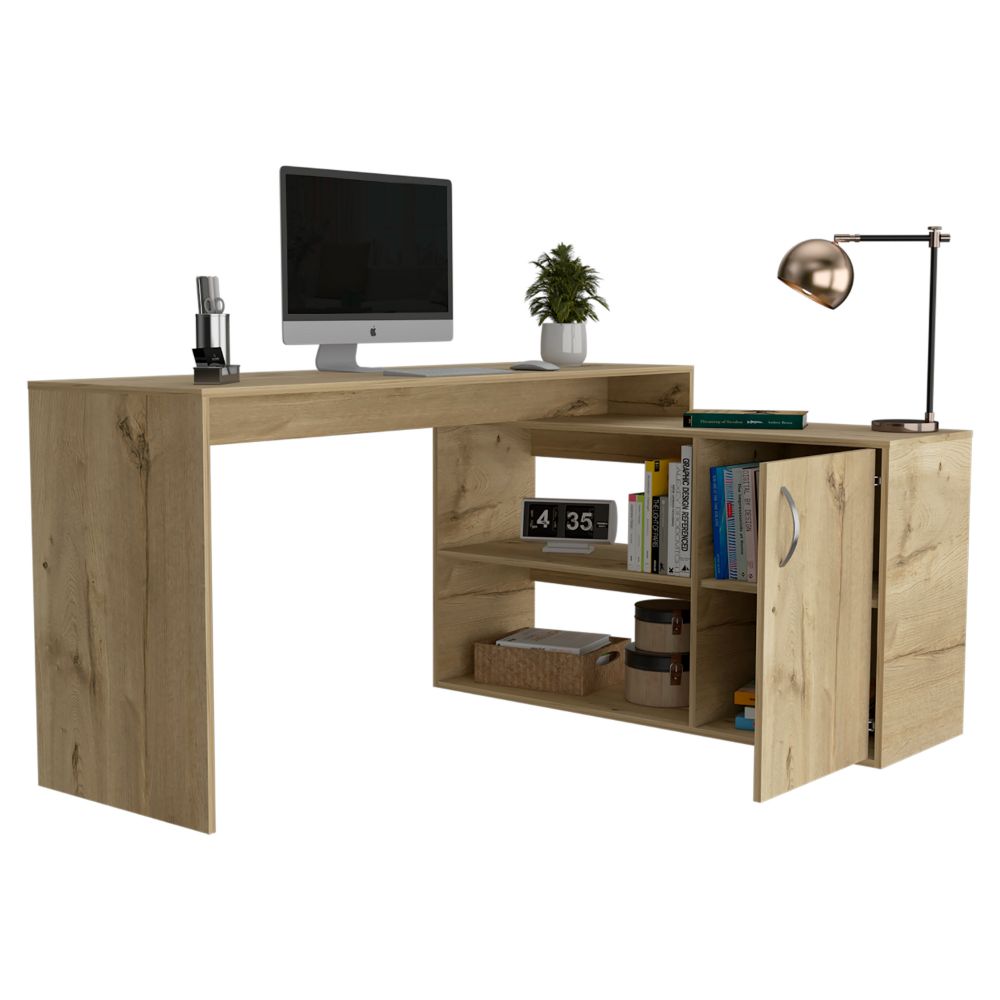 L-Shaped Desk Desti, Single Door Cabinet, Light Oak Finish-4