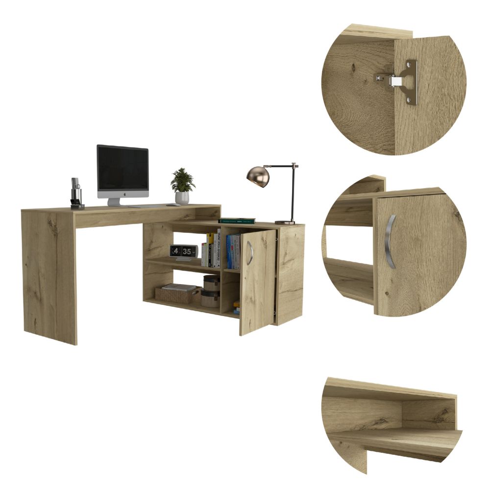 L-Shaped Desk Desti, Single Door Cabinet, Light Oak Finish-6