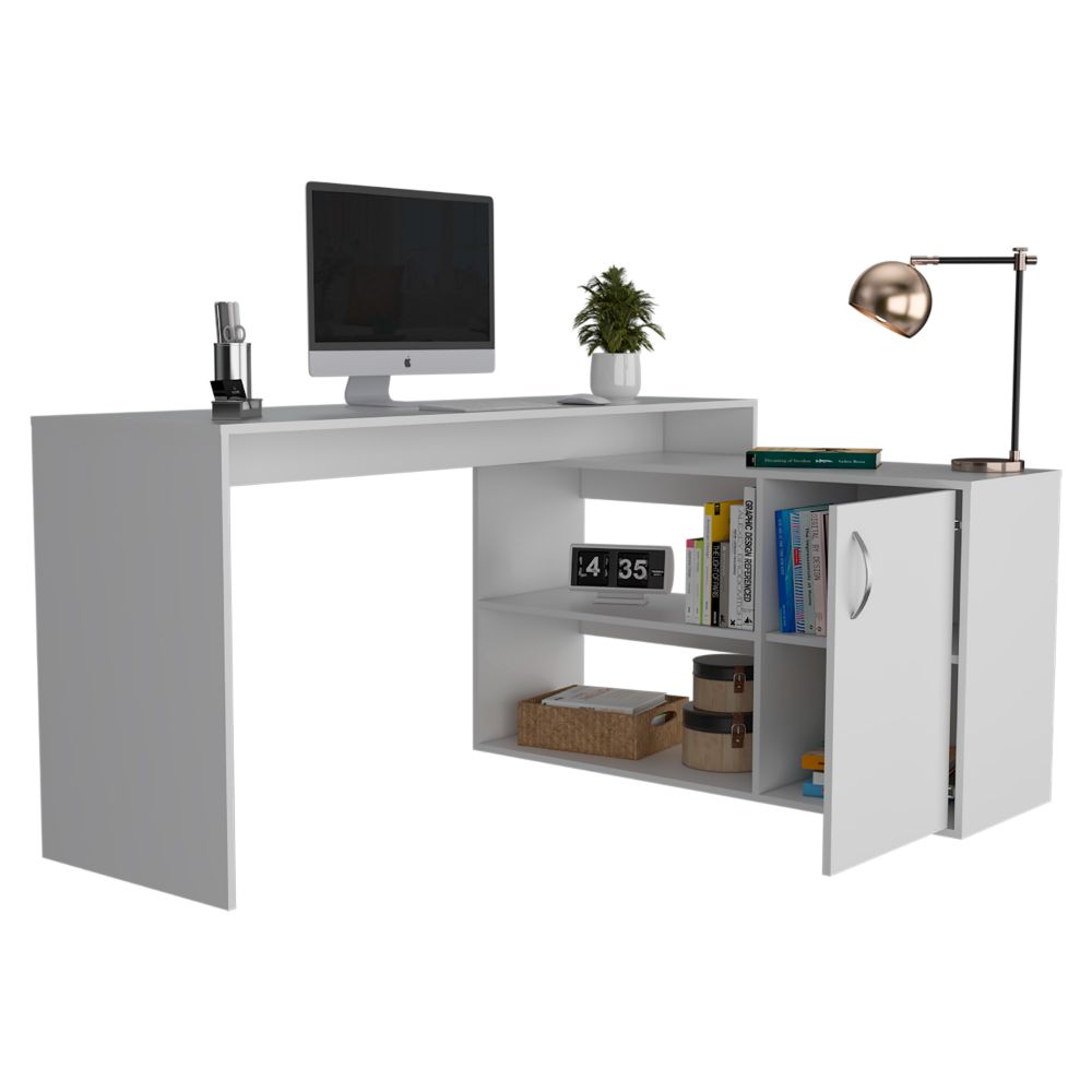 L-Shaped Desk Desti, Single Door Cabinet, White Finish-4