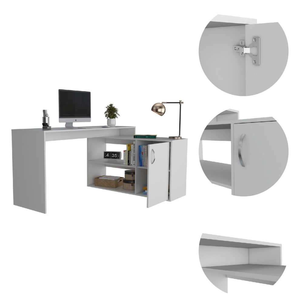 L-Shaped Desk Desti, Single Door Cabinet, White Finish-6