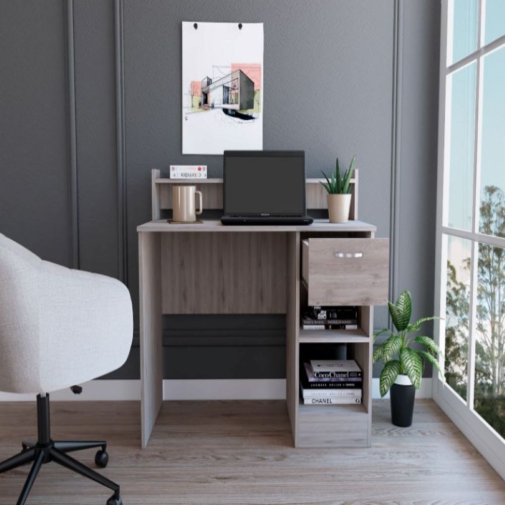 Computer Desk Delmar with Open Storage Shelves and Single Drawer, Light Gray Finish-1