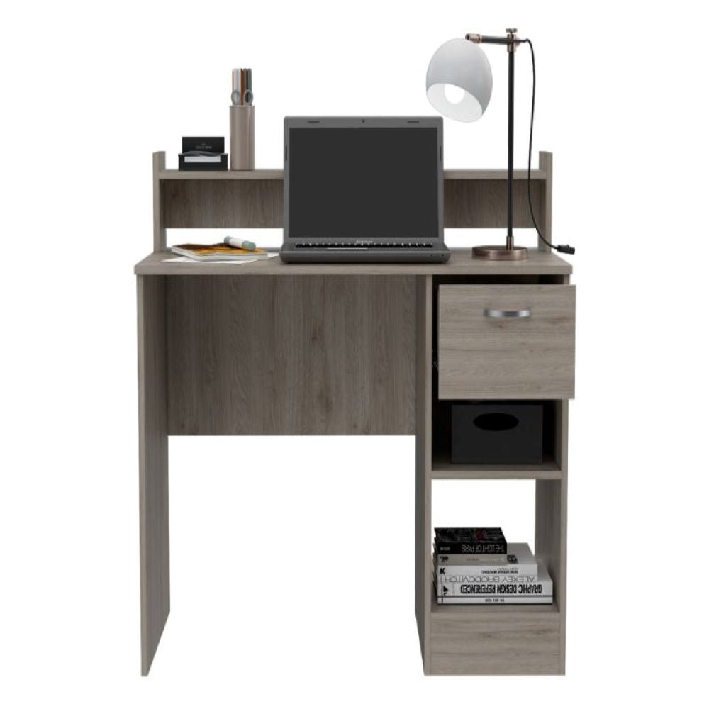 Computer Desk Delmar with Open Storage Shelves and Single Drawer, Light Gray Finish-2