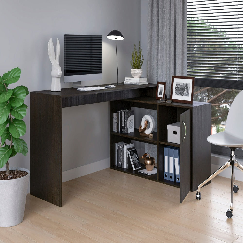 L-Shaped Desk Desti, Single Door Cabinet, Black Wengue Finish-1