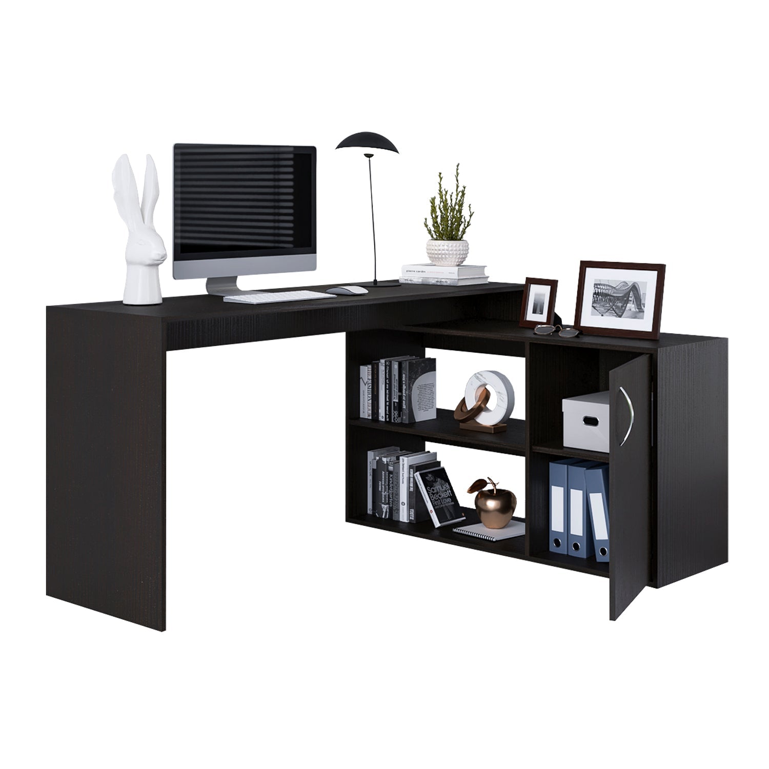 L-Shaped Desk Desti, Single Door Cabinet, Black Wengue Finish-4