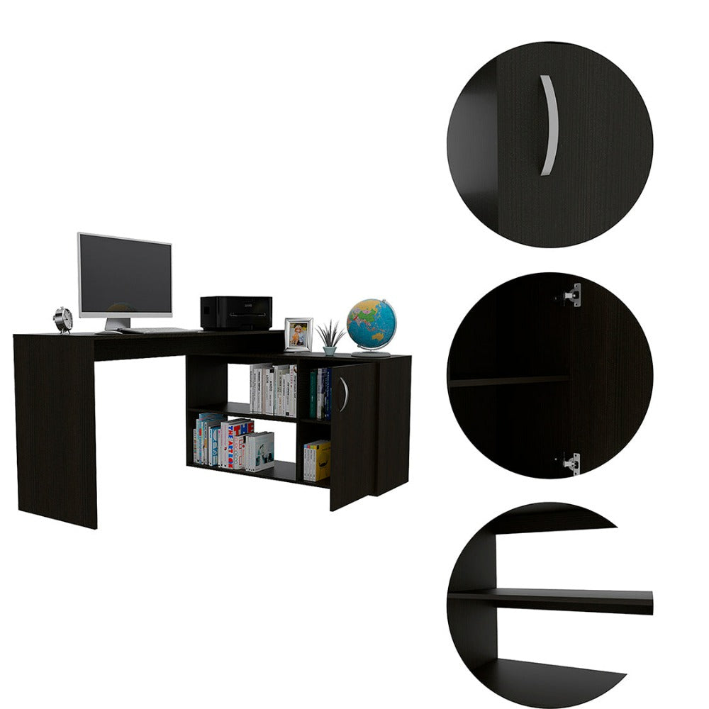 L-Shaped Desk Desti, Single Door Cabinet, Black Wengue Finish-2