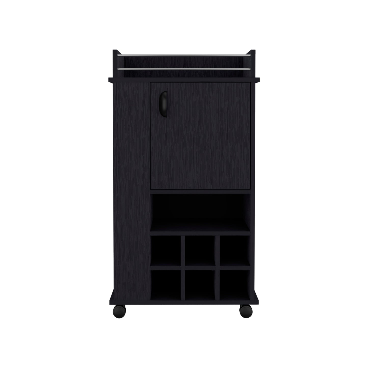 Bar Cart with Casters Reese, Six Wine Cubbies and Single Door, Black Wengue Finish-4