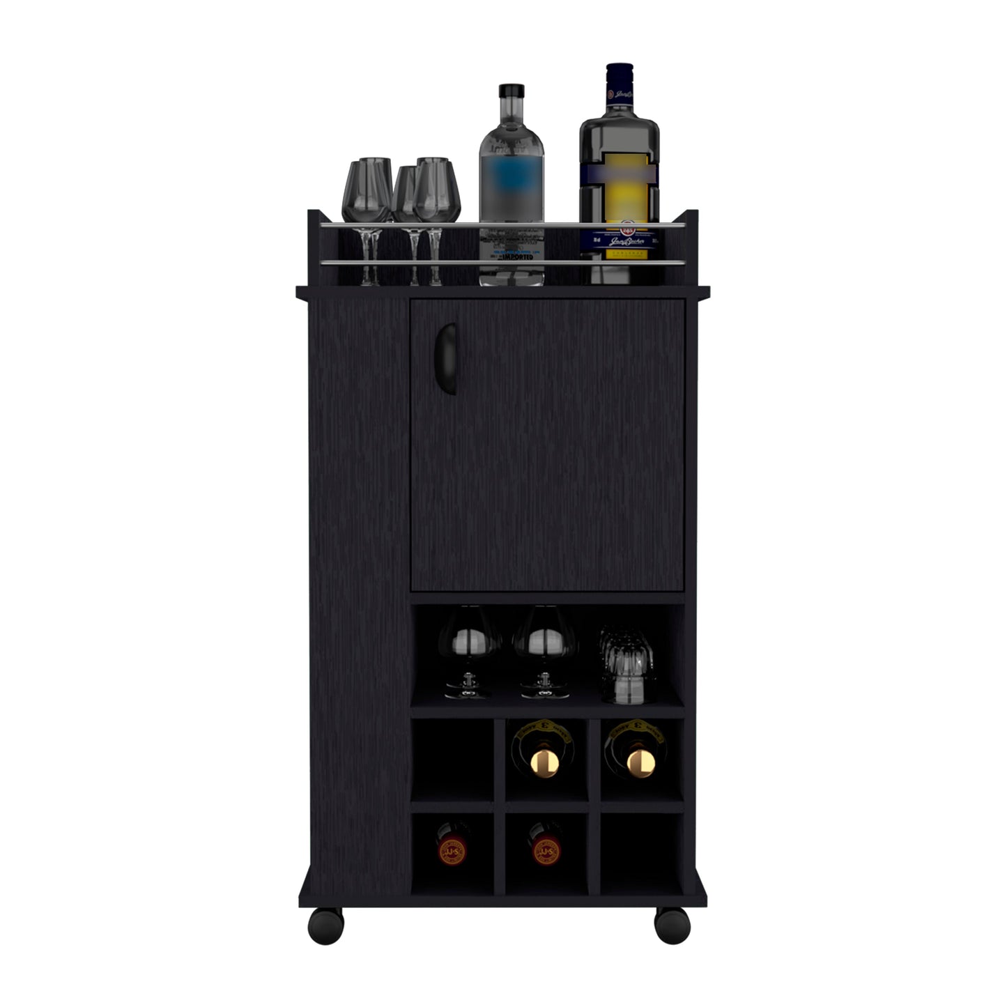 Bar Cart with Casters Reese, Six Wine Cubbies and Single Door, Black Wengue Finish-2