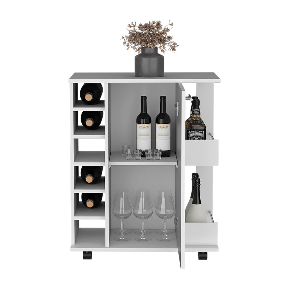 Bar Cart with Six-Wine Cubbies Cabot, Two-Side Storage Shelves and Casters, White Finish-3
