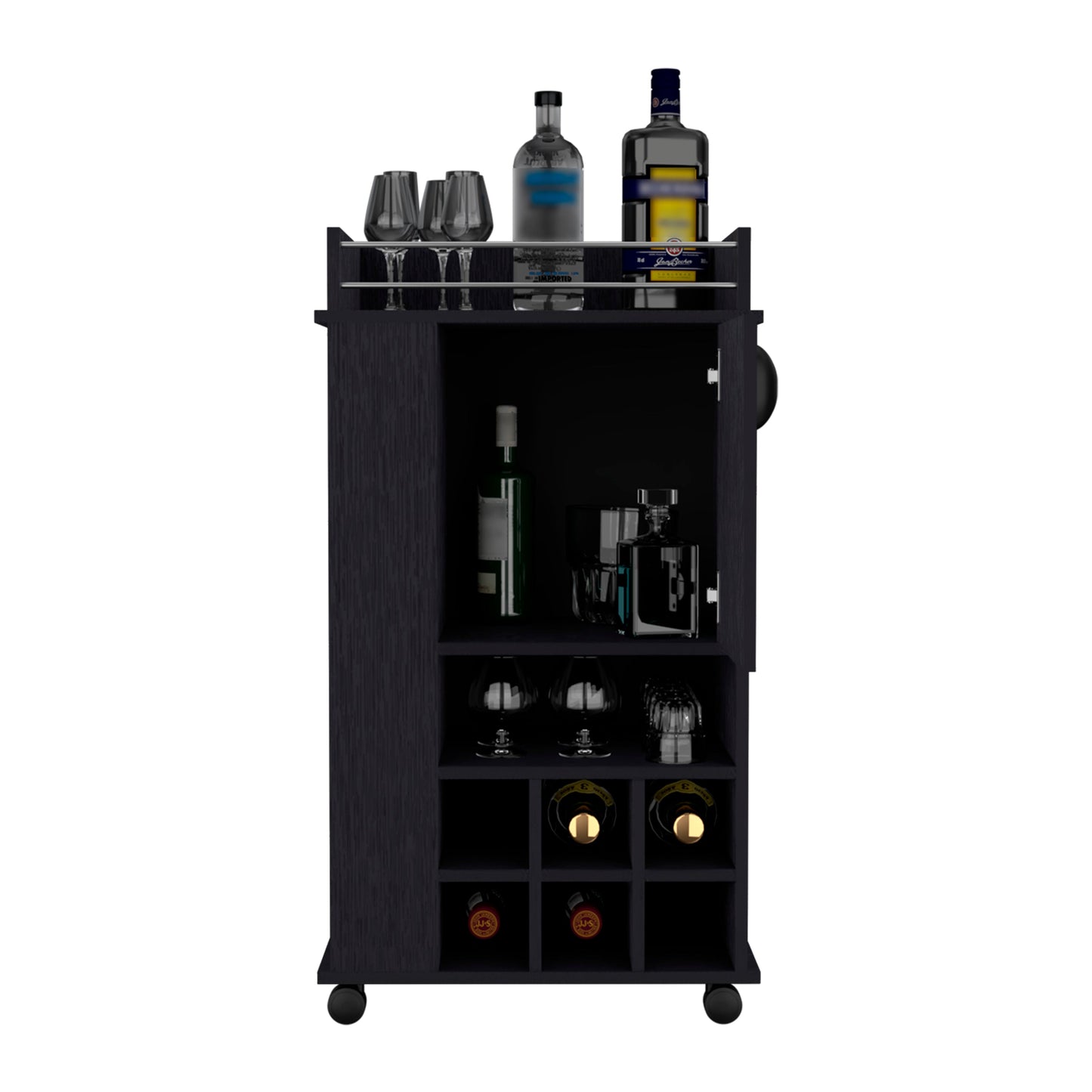 Bar Cart with Casters Reese, Six Wine Cubbies and Single Door, Black Wengue Finish-3