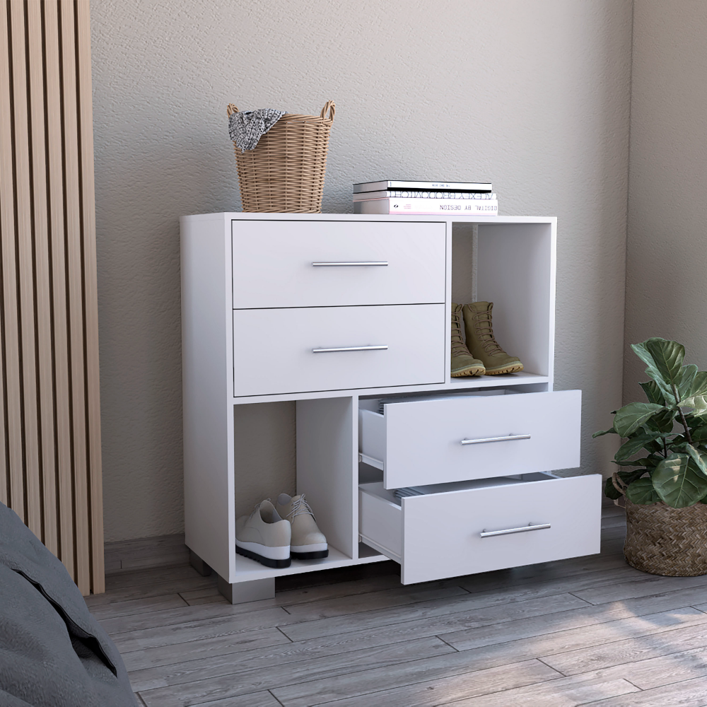 Dresser Hetzs, Four Drawers, Two Open Shelves, White Finish-0