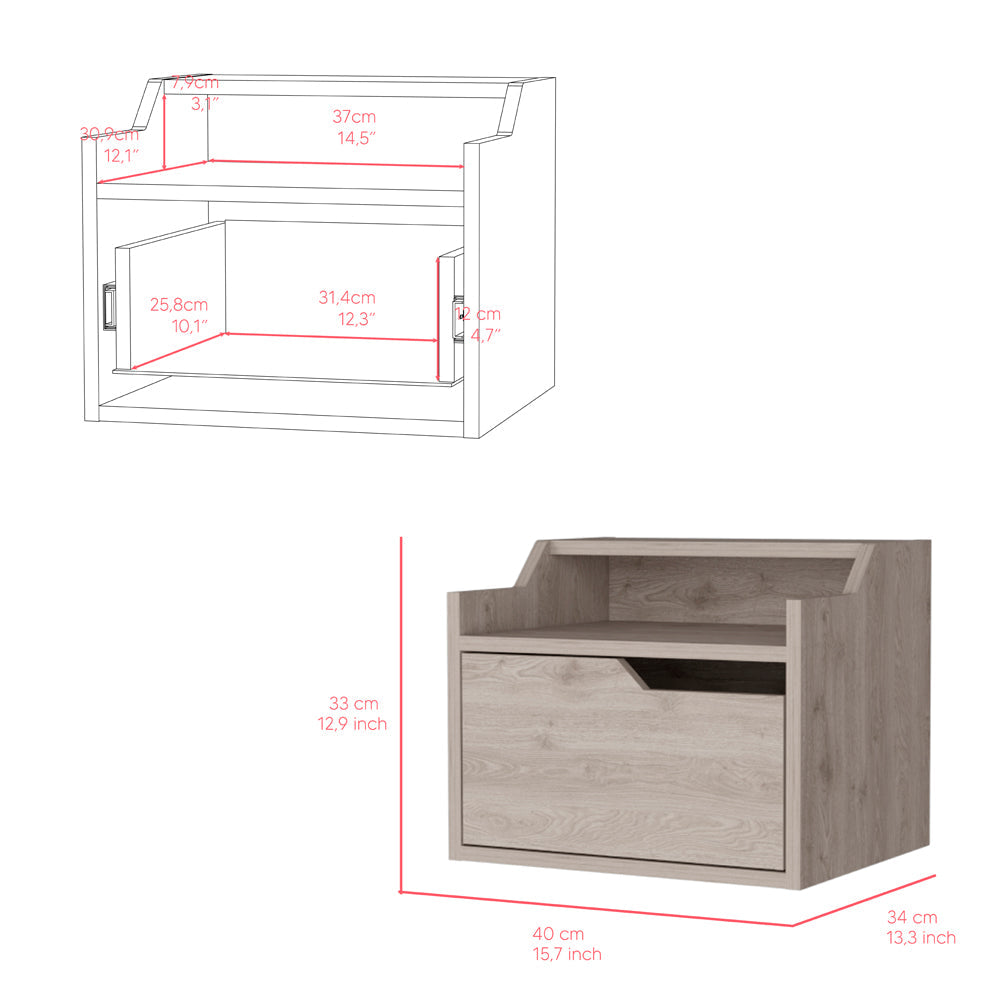 Floating Nightstand Chester, Dual Top Surface with Built-in Drawer Storage, Light Gray Finish-5