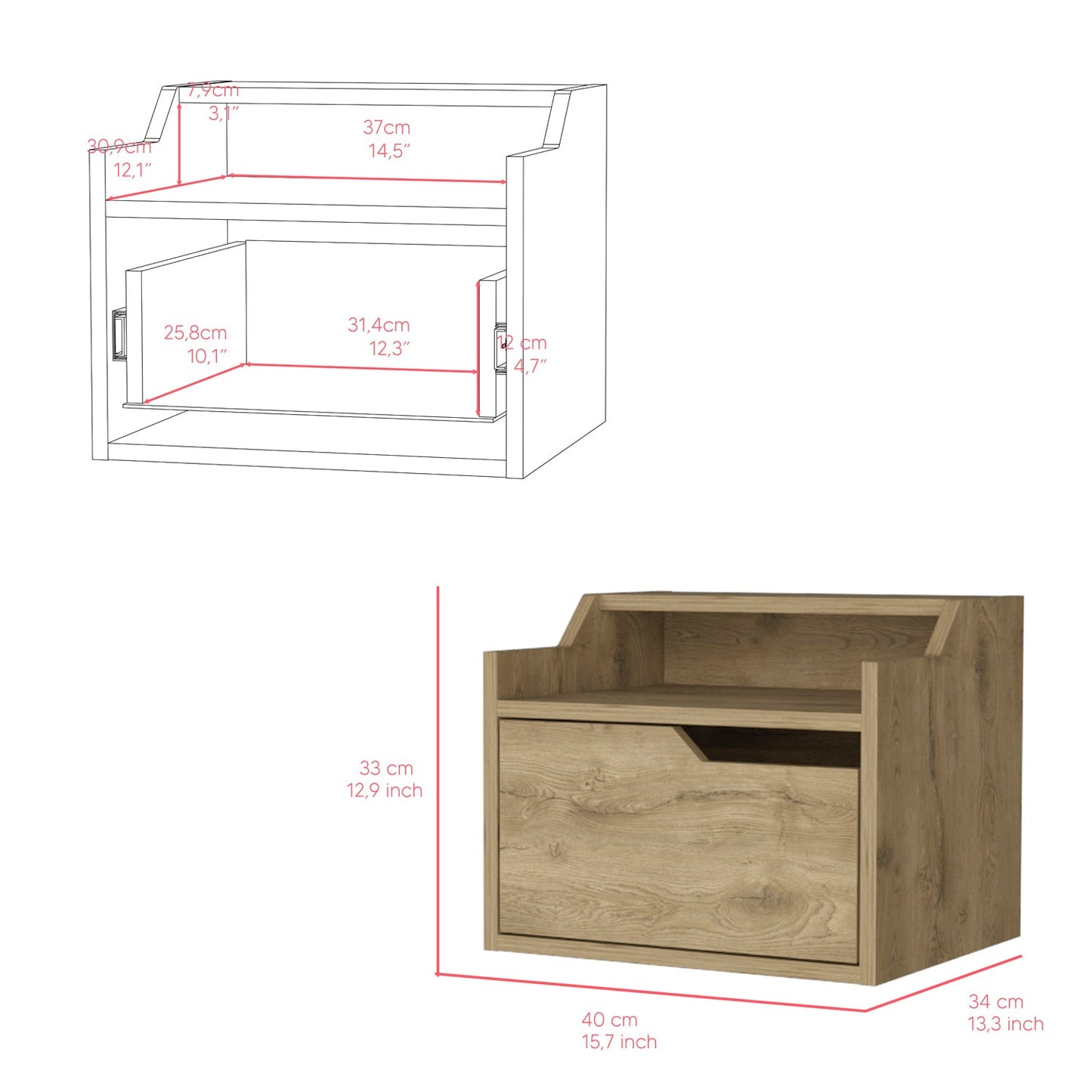 Floating Nightstand Chester, Dual Top Surface with Built-in Drawer Storage, Macadamia Finish-3