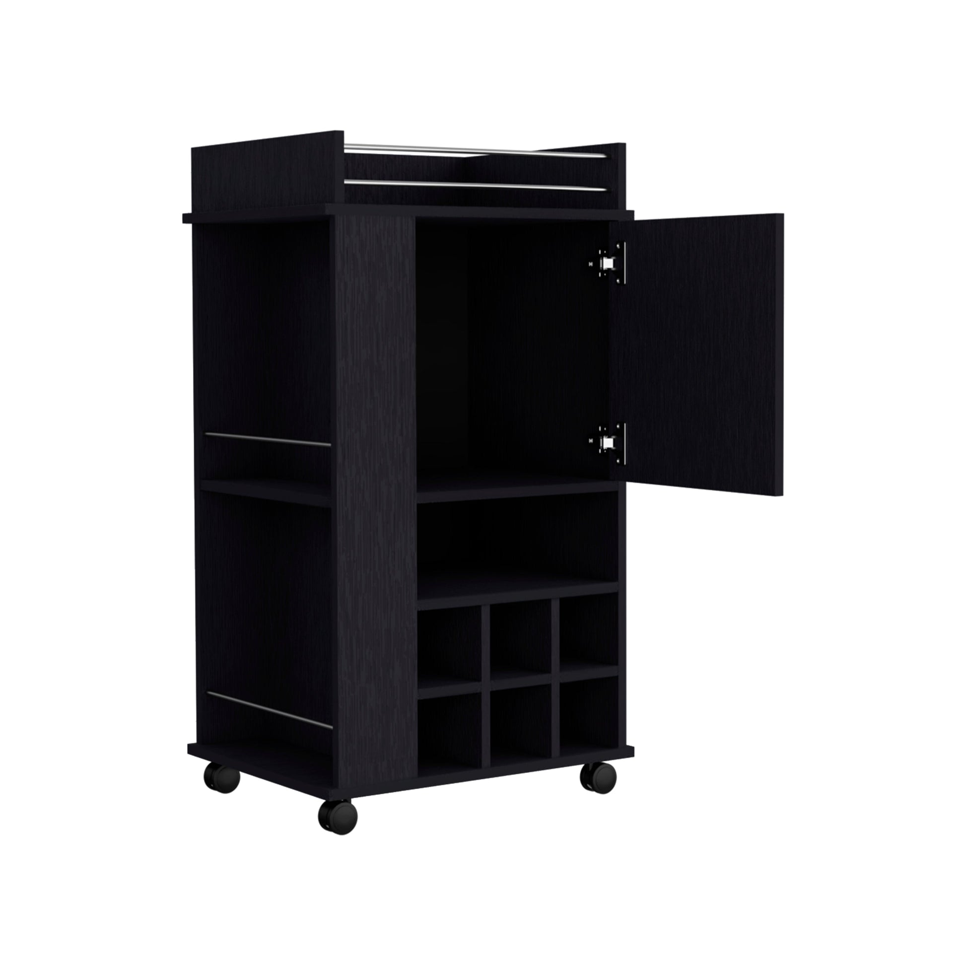 Bar Cart with Casters Reese, Six Wine Cubbies and Single Door, Black Wengue Finish-5