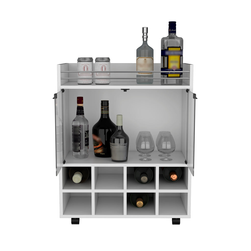 Bar Cart Philadelphia, Slot Bottle Rack, Double Glass Door Showcase and Aluminum-Edged Top, White Finish-3