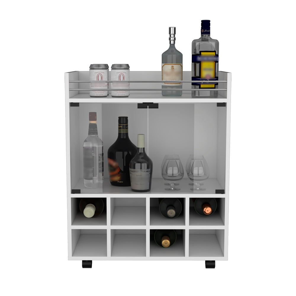 Bar Cart Philadelphia, Slot Bottle Rack, Double Glass Door Showcase and Aluminum-Edged Top, White Finish-5