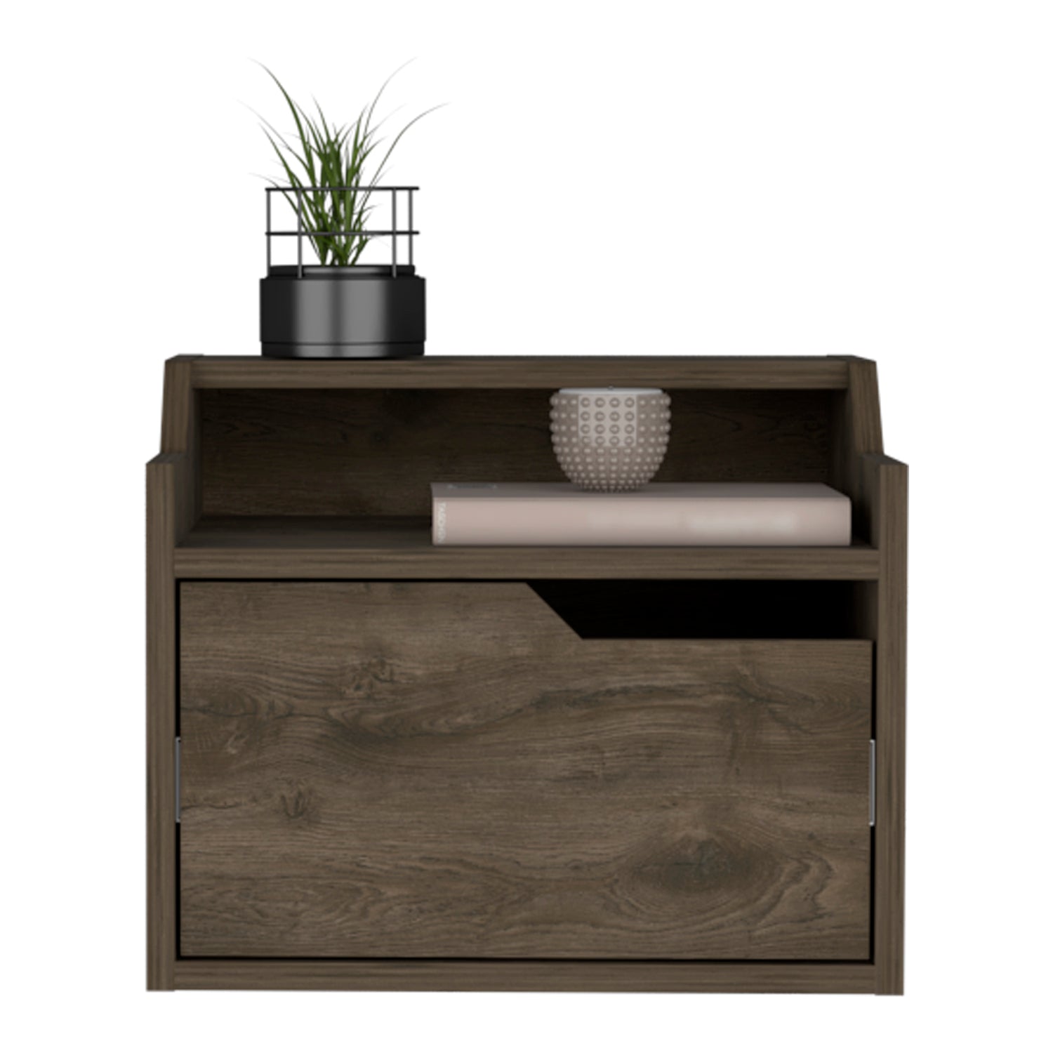 Floating Nightstand Chester, Dual Top Surface with Built-in Drawer Storage, Dark Brown Finish-3