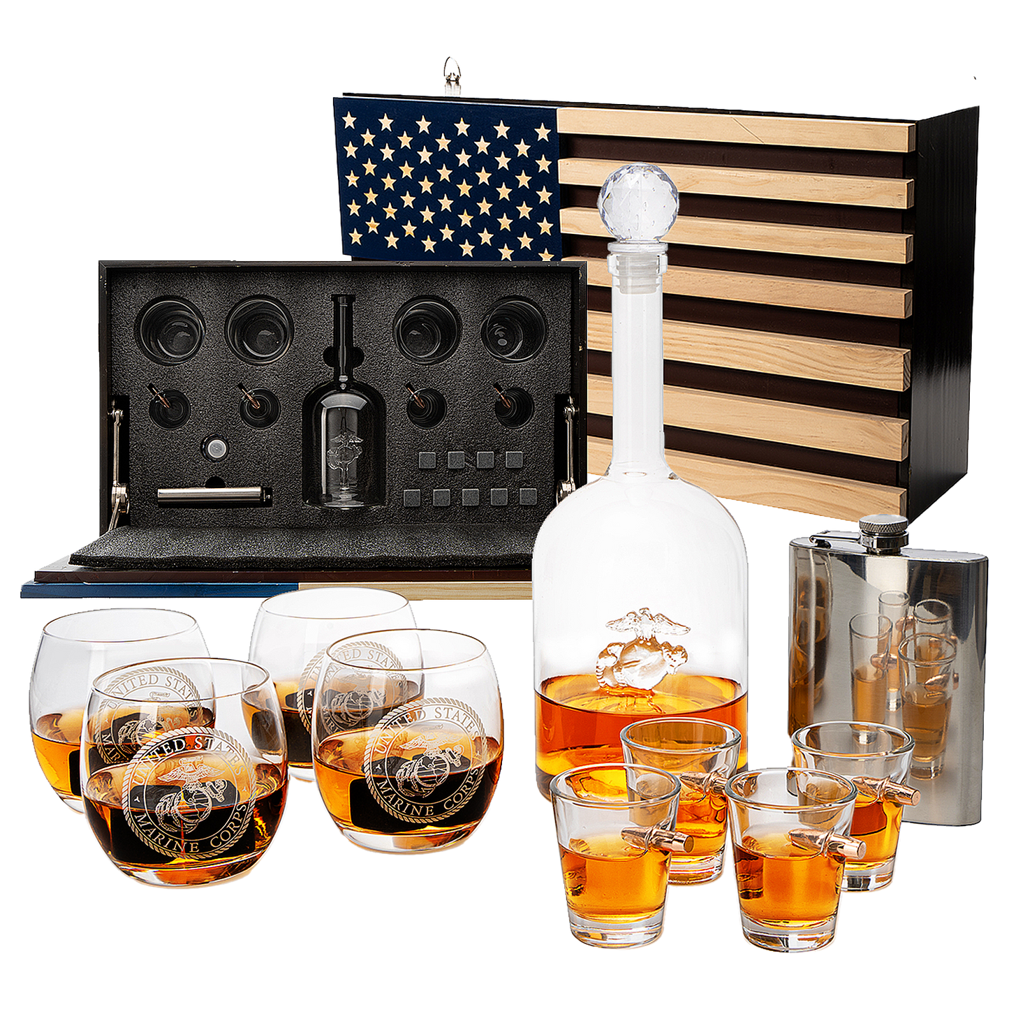 Marine Big Box Wall Decor Murphy with Decanter, 4 whiskey glasses, 4 shot glasses, marine flask, marine gifts-0